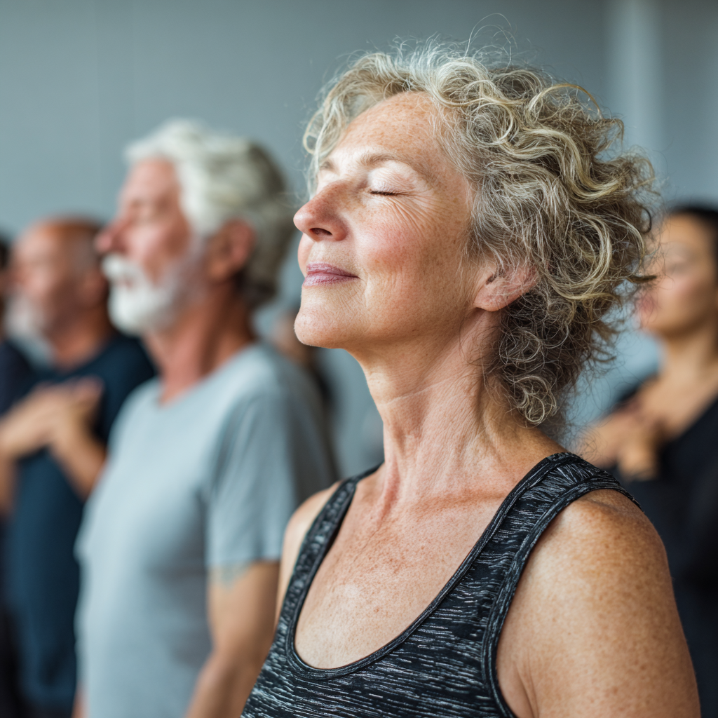Experienced yoga instructor guiding mature adults in mindful breathing practice