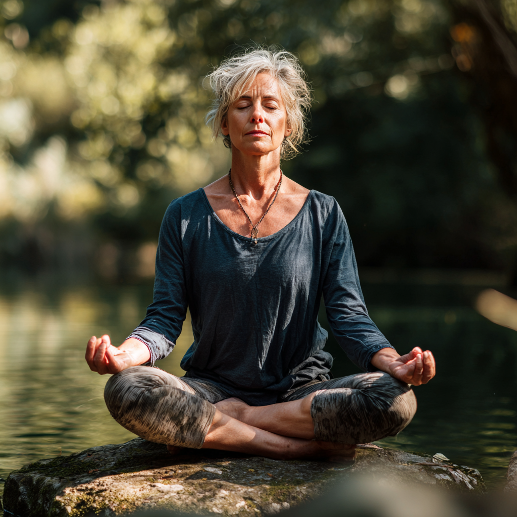 Mature woman practicing gentle yoga poses in serene natural setting
