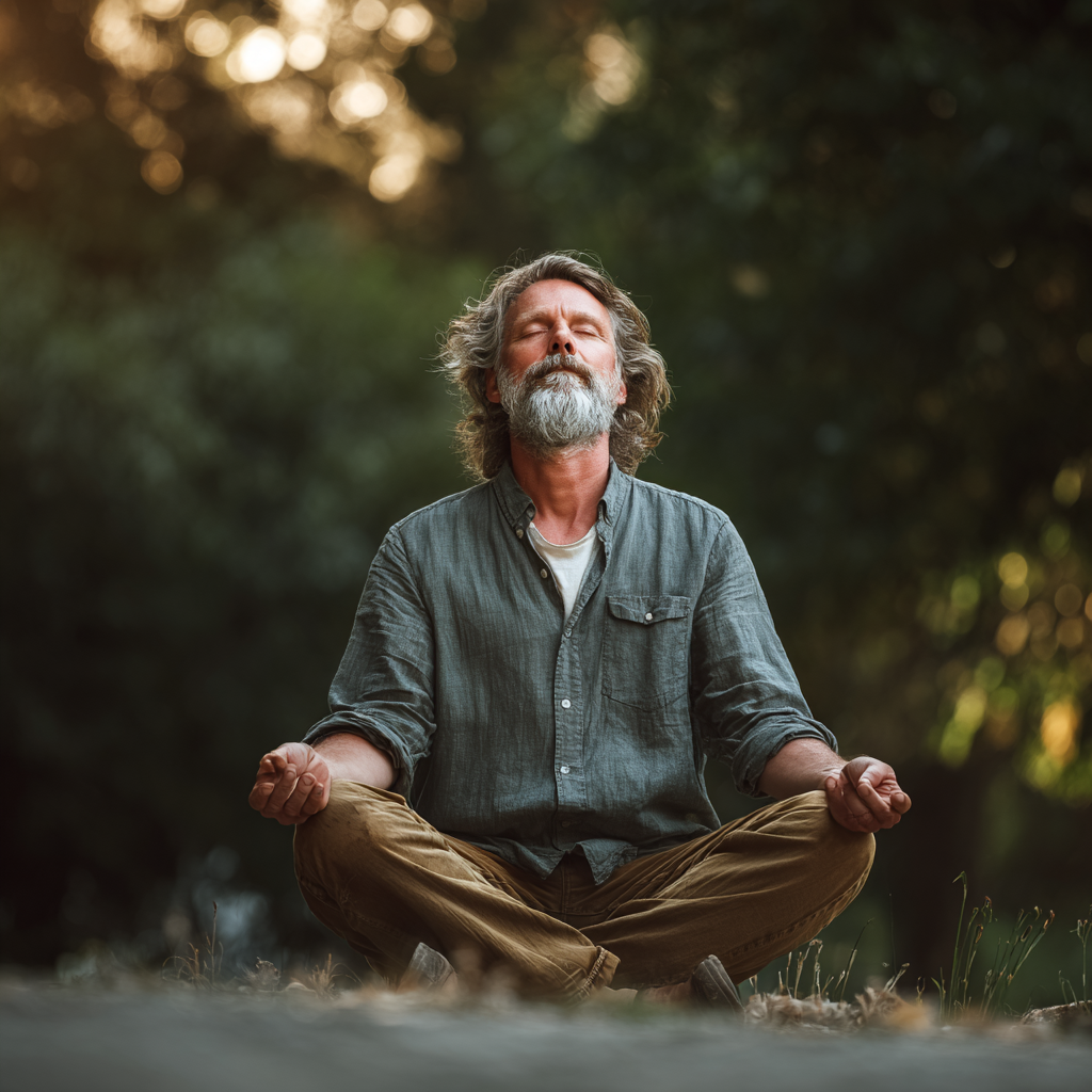 Peaceful middle-aged person in meditation pose surrounded by nature